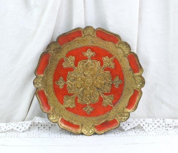 Small Vintage Florentine 1960s Gold and Red Colored Venetian Style Serving Tray, MCM Retro Italian Decor, Golden Decorative Platter