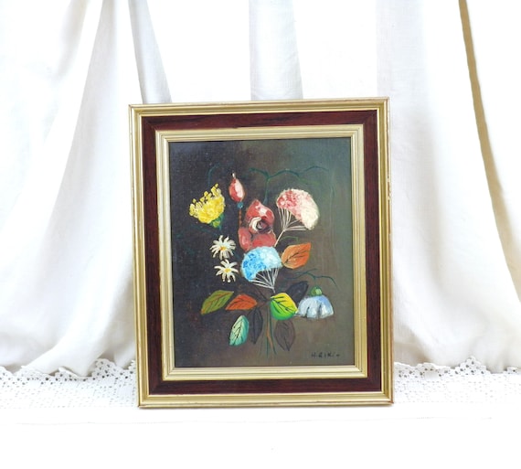 Vintage Mid Century Hand Painted Framed Oil on Canvas Naive Style Floral Compostion by H Riki, Retro 1960s Artist Flower Picture, Wall Decor