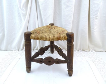 Vintage French Folk Art 3 Legged Stool with Woven Straw Seating, Retro Rustic Primitive Home Small Furniture France,  Farmhouse Plant Stand