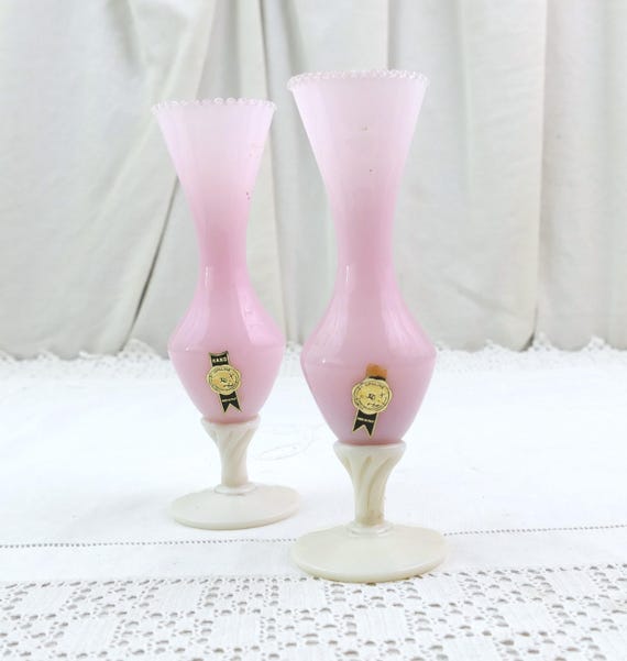 Pair of Vintage Mid Century Hand Made Italian Pink Opaline Glass Bud Vases, Blown Art Glass Pedestal Vases, Romantic Cottage Decor Italy