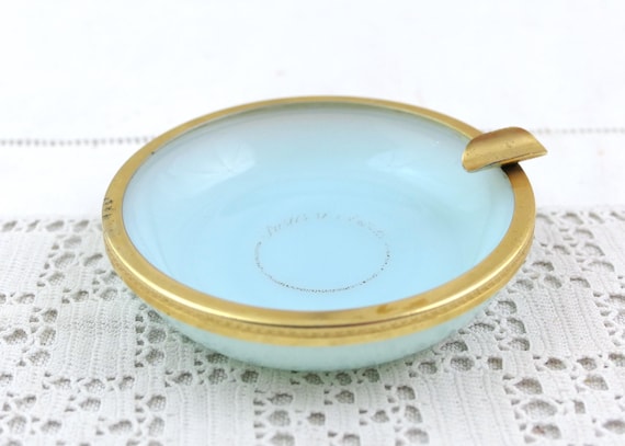 Vintage Mid Century Pale Blue Milk Glass Ashtray with Gold Tone Metal Banding Promotional for Pastis 51, 1960s Opaline Smoking Accessory