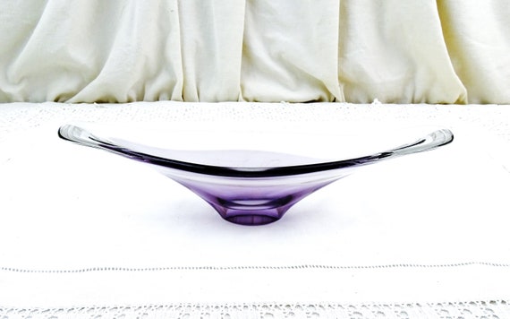 Vintage Mid Century Purple and Clear Glass Table Center Piece Dish, Retro 60s Trinket Bowl from France, Collectable French Glass