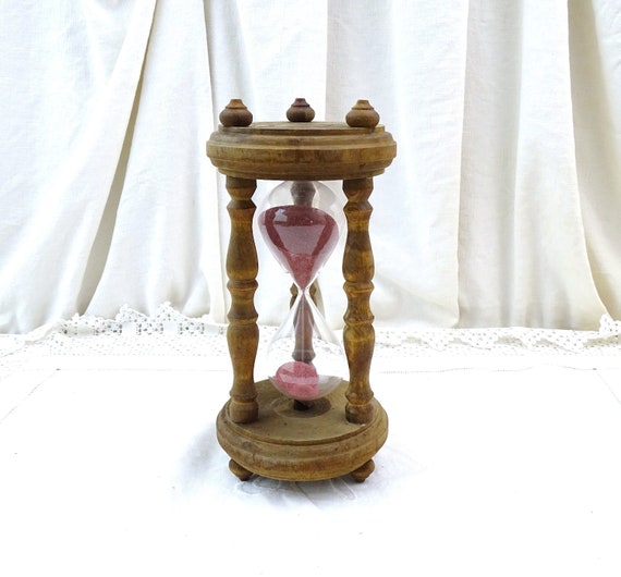 Large French Vintage Rustic Wooden and Glass Decorative Sand Timer with Pink Sand, Country Style Traditional Hour Glass from France