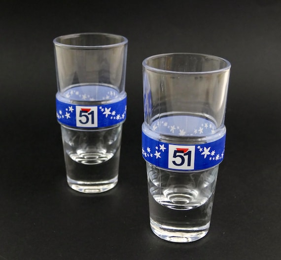 2 Vintage French Pastis 51 Glasses, Pair French Aperitif Glasses, Pernod Ricard Drinks Glass, Traditional Provencal Drinksware from France