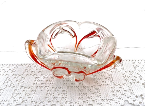 Vintage Mid Century Hand Blown Clear and Red Glass Murano Style Cigar Ashtray, Retro Art Glass Piece from Europe, Glassware Trinket Bowl