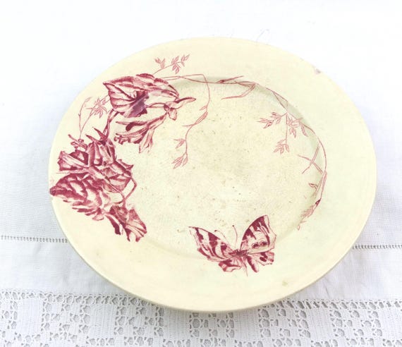 Antique French Ceramic Pedestal Dish with Red Floral and Butterfly Transfer Pattern, Retro Shabby Footed Serving Plate, Dessert Compote