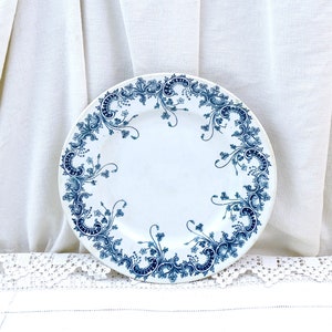 Antique French Ironware Plate by Saint Amand with Flower Pattern in Teal Blue, Vintage Ironstone Crockery France, Terre de Fer Wall Decor