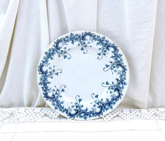 Antique French Ironware Plate by Saint Amand with Flower Pattern in Teal Blue, Vintage Ironstone Crockery France, Terre de Fer Wall Decor