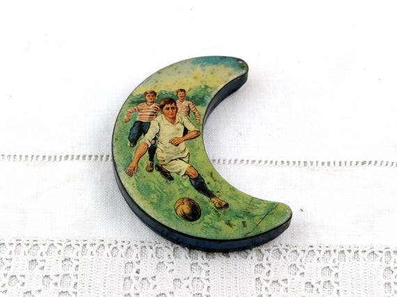 Vintage Lackerli-Huus Crescent Moon Shaped Candy Mint Tin with Soccer Football Theme Design, Retro Unique Metal Box, Switzerland Sport Decor