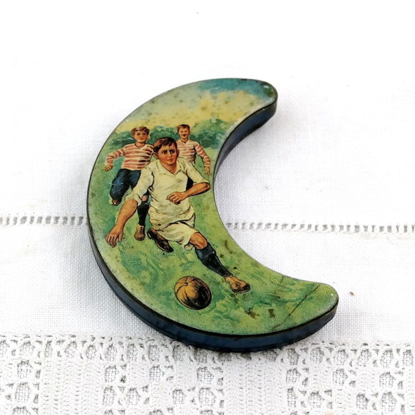Vintage Lackerli-Huus Crescent Moon Shaped Candy Mint Tin with Soccer Football Theme Design, Retro Unique Metal Box, Switzerland Sport Decor