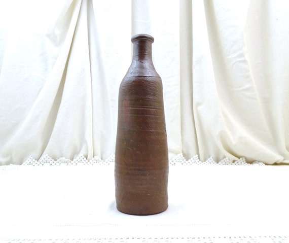 Antique French Rustic Handmade Salt Glaze Earthenware Ceramic Bottle, Old Primitive Pottery Bud Vase from Normandy France, Farmhouse Decor