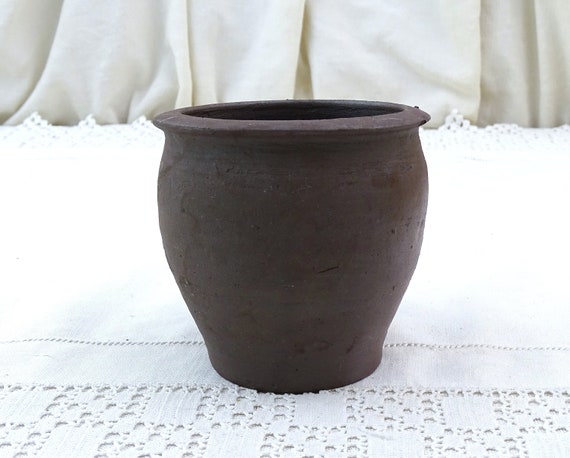 Small Antique French Rustic Handmade Unglazed Pottery Flower Pot, Vintage Country Farmhouse Container from Normandy France, Cottage Decor