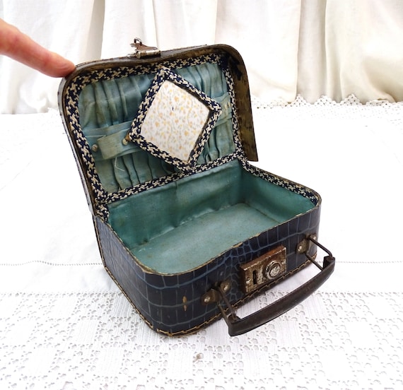 Small Vintage French Cardboard Suitcase with Blue Fabric Lining and Small Mirror, Child's Toy Cosmetic Case from France in Dark Blue Card