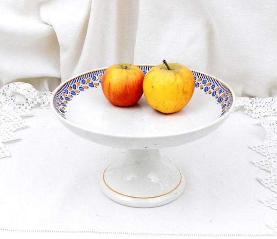 Antique French Porcelain Tazza Cake Stand White with a Simple Blue and Yellow Motif, Vintage Country Farmhouse Cottage Ceramic China Decor