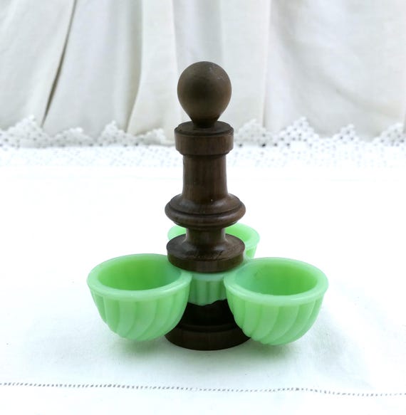 Vintage French Jadeite Cruet Set with 3 Bowls on Oak Wood Stand, Retro Pale Green Opaline Boiled Egg Holder, Milk Glass Collectible France
