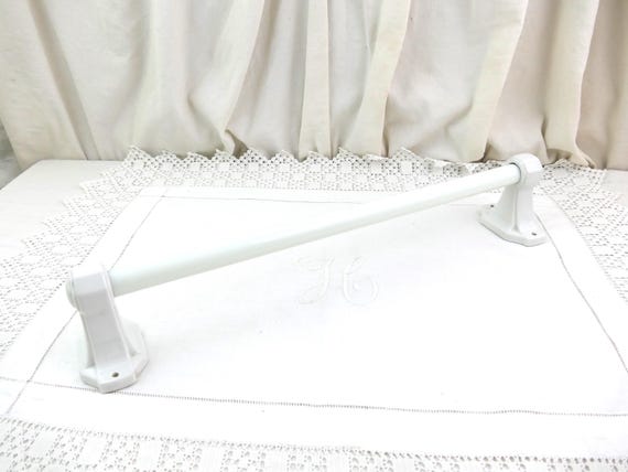 Vintage French White Porcelain and Milk Glass Art Deco Bathroom Towel Bar Holder, Retro 1930s China Hanger Rod France, Minimalist Home Decor