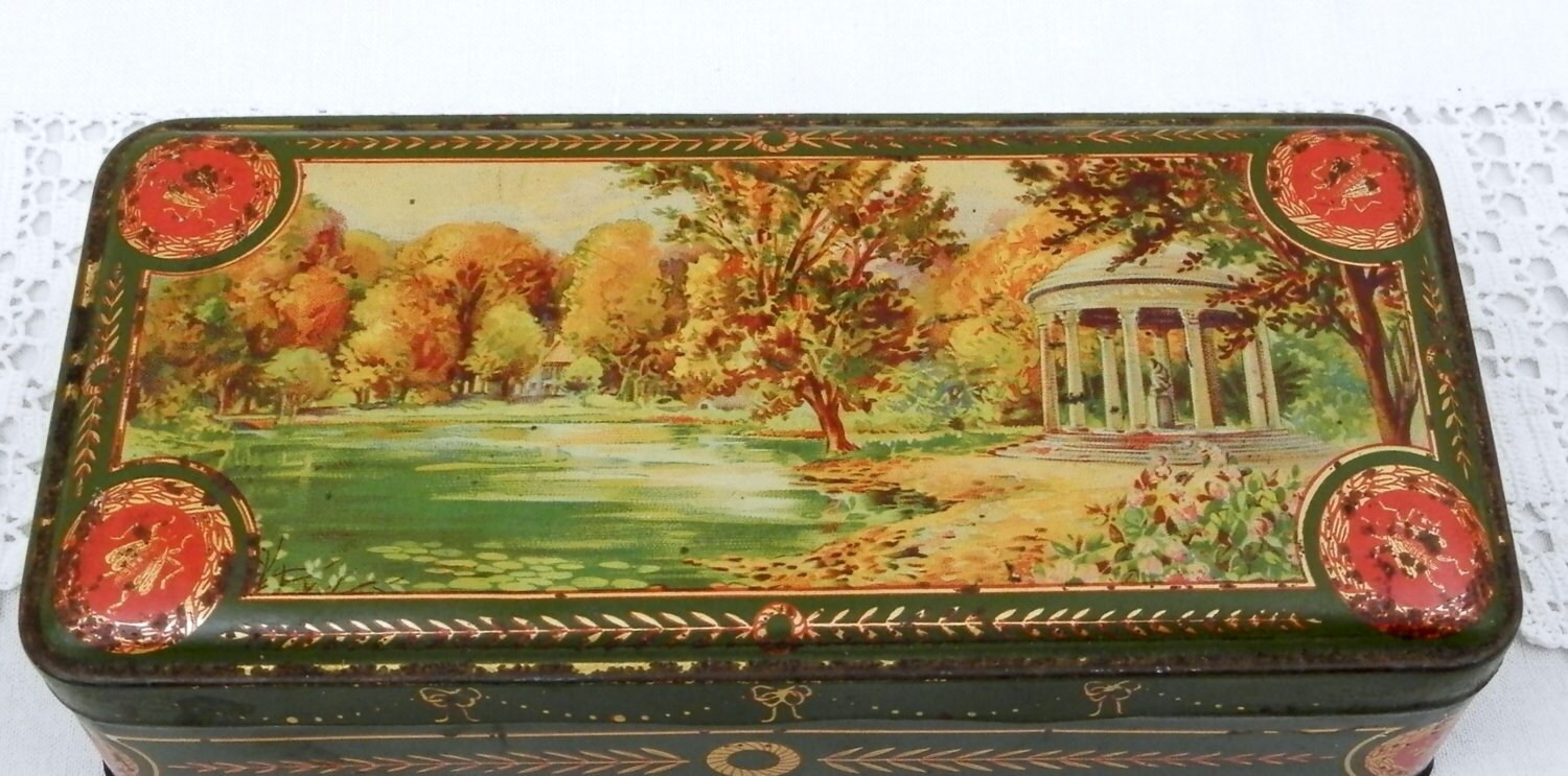 Antique French Rectangular Cookie Metal Tin with a Classical Watercolor