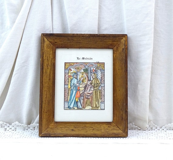 Vintage French Reproduction Hand Colored Printed Medieval Style Framed Picture of Physician Signed GAF, Retro Castle Style Decor France
