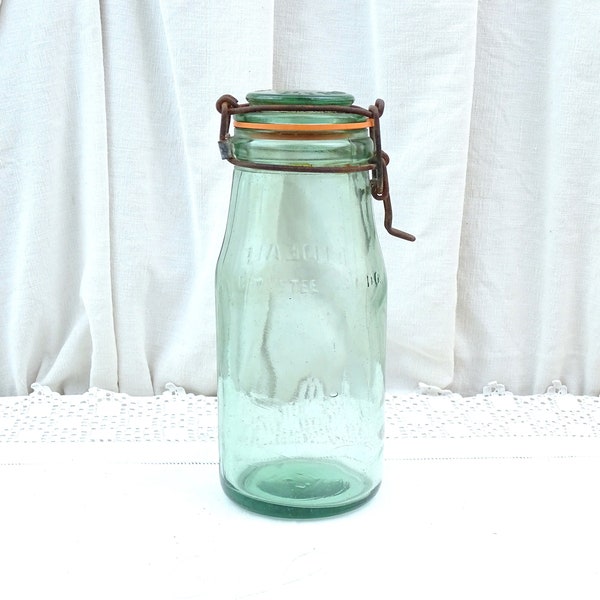 Large Antique French Green Glass Canning Mason Jar 1 Liter 2.11 Pints L'ideal Rubber Seal, French Country Farmhouse Kitchen Storage Decor