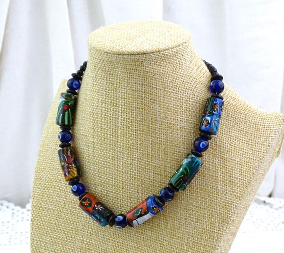 Vintage Short Glass Bead Necklace Black with Blue and Green, Retro Millefiori Murano Style Rectangular Beads, Simple Jewelry