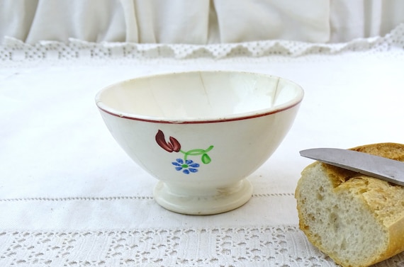 Small Antique French White Footed Cafe au Lait Bowl by Digoin with Hand Painted Flower Pattern, Vintage Coffee Bowl France, Farmhouse Decor