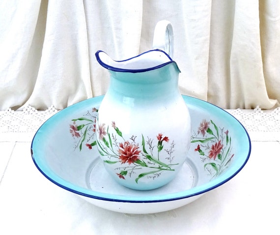 Antique French Enamelware Wash Basin and Matching Pitcher in White with Pink Carnation Flower Pattern, Vintage Enamel Jug and Bowl Set