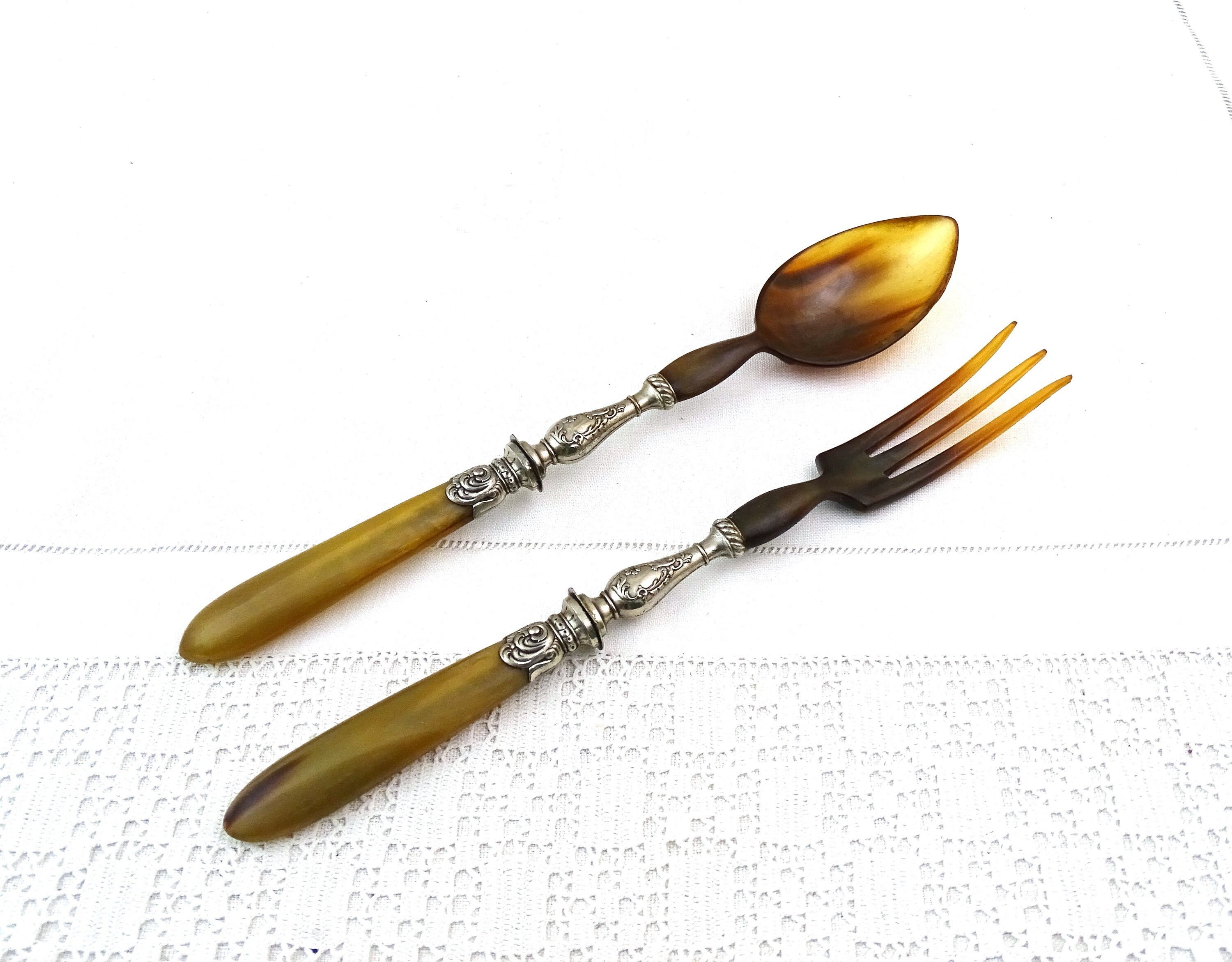 Antique French Horn and Metal Salad Servers with Long Handles, Vintage Salad Serving Fork and