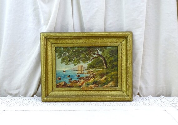 Vintage French Mid Century Framed Oil Painting of Cote D'Azur Sea with Castle by Alice Thouvenin,  1960s Picture of Seaside South of France