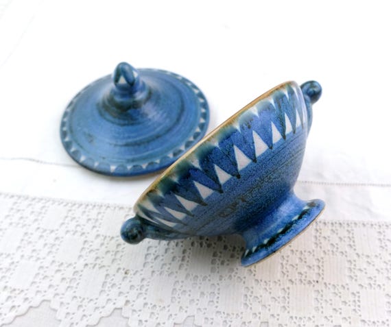 Vintage French Mid Century Studio Pottery Footed Bonbonniere in Blue Tone Handpainted Pattern Signed MP, Retro 1960s Decor Vallauris