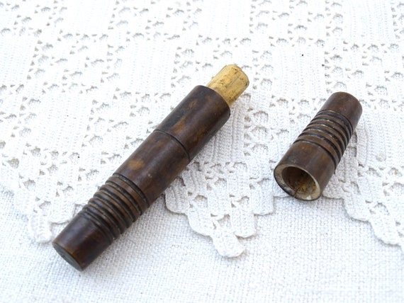 Antique French Turned Wooden Needle Case in Stained Wood, Vintage Treen Wood Sewing Accessory from France, Craft Storage Box / Container