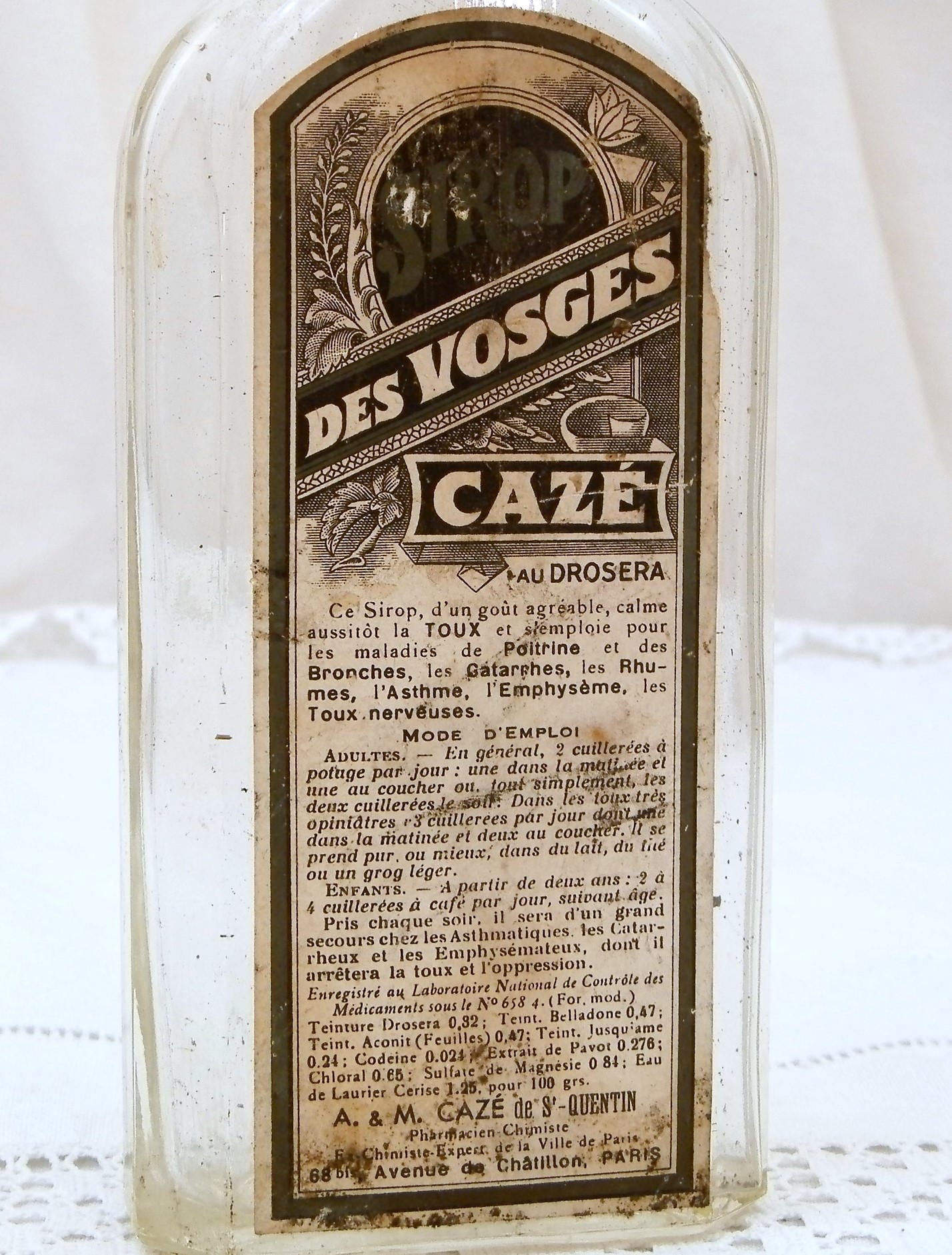 Antique French Cough Syrup Sirop des Vosges Cazé Glass Bottle with Original Paper Label