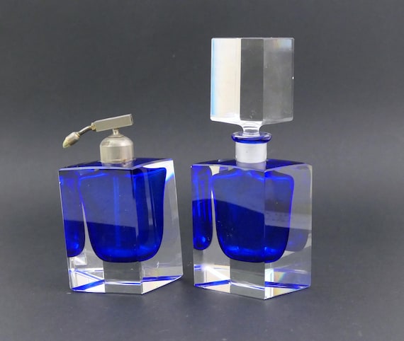 2 Piece Matching Set Flavio Poli Cobalt Blue and Clear Glass Vaporizer Atomizer and Perfume Bottle and Stopper, Retro Murano Style Vanity