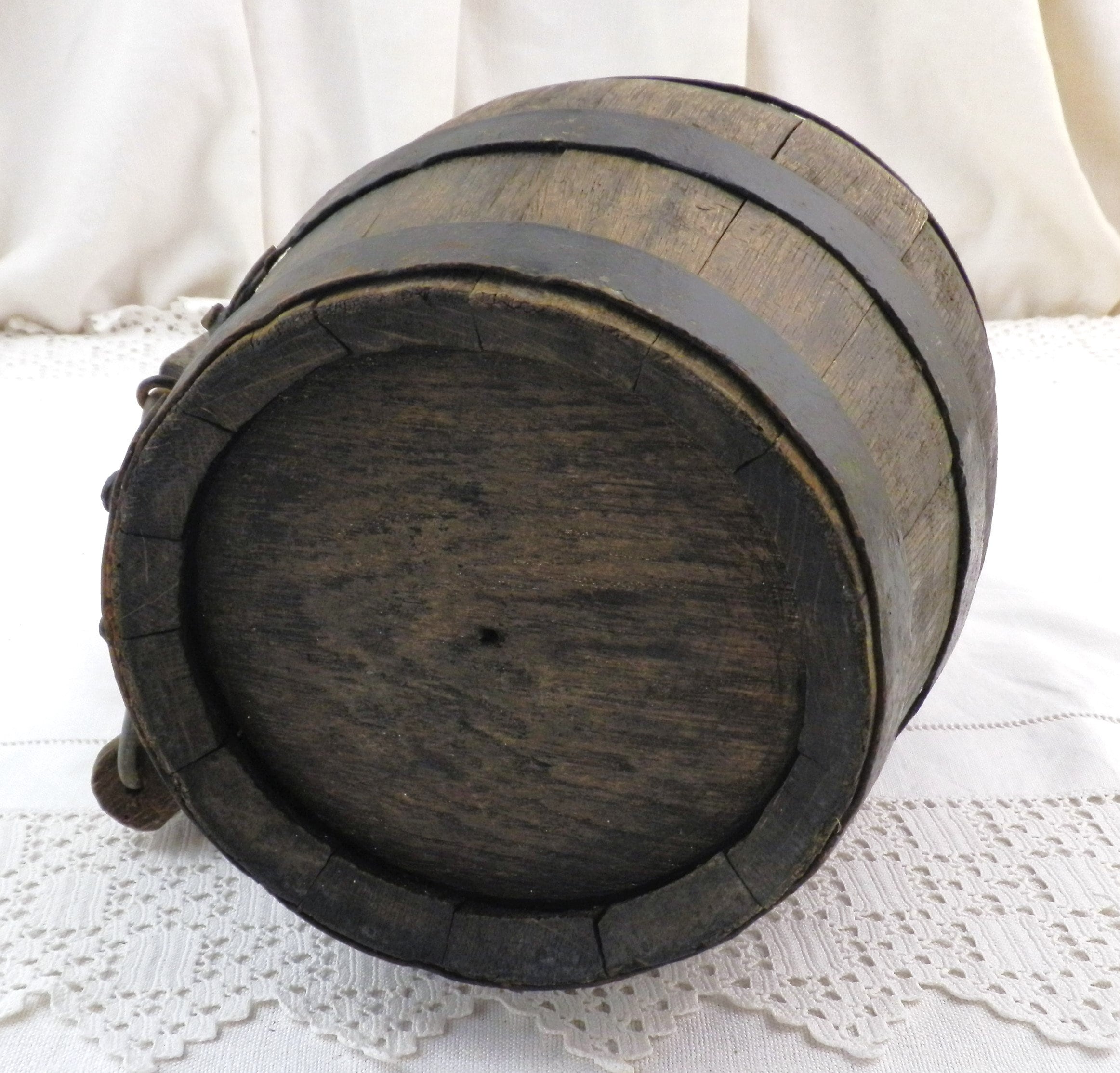 Small French Antique Wooden Wine Barrel with Carrying Handle, Vintage Calvados Oak Keg from