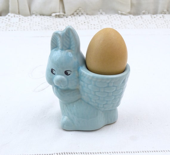 Vintage Mid Century Blue Ceramic Rabbit Eggcup, Retro 1960s Fun Breakfast Pottery Tableware with Bunny, Pale Blue China Animal Egg Cup