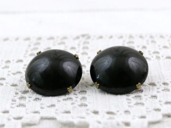 Vintage 1960s Black Domed Clip On Earrings, Retro Mid Century Ear Fashion Jewelry France, Plastic Hollywood Regency Chic
