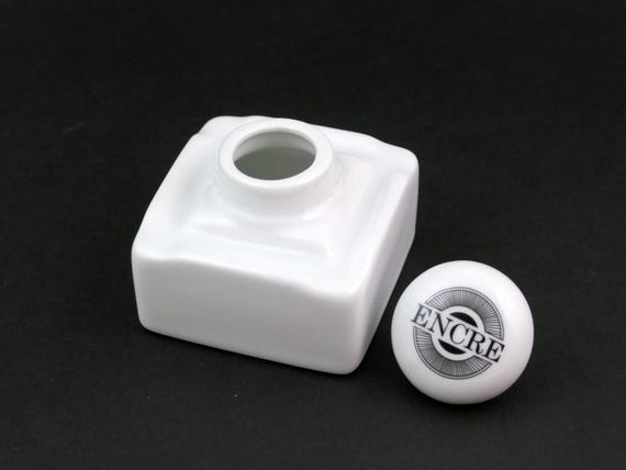 Vintage Reproduction French Style Porcelain Ink Bottle, ENCRE Ink Pot with Lid, White China Desk Accessory, Fountain Pen Accessory France