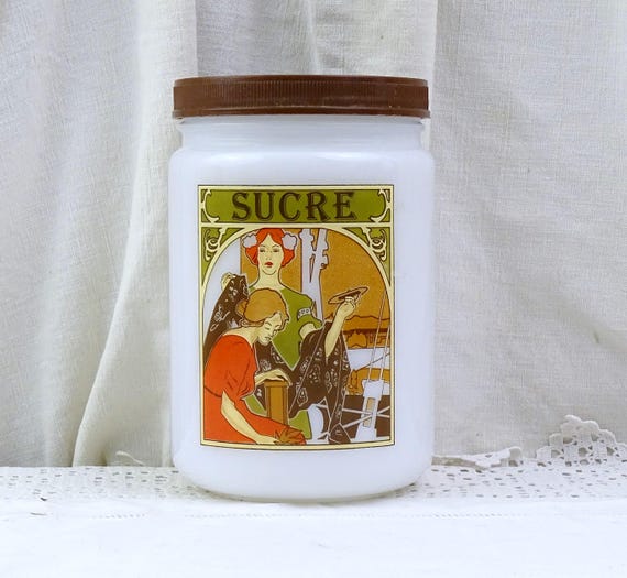 Vintage French White Milk Glass Canister with Mucha Style Art Nouveau Design, Retro 1970s Kitchen Storage Jar from France for Sugar