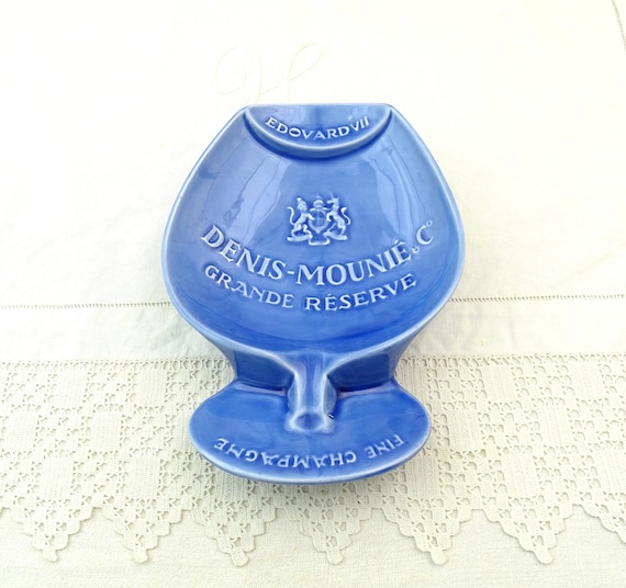 Large Vintage French Denis Mounié and Co Grande Reserve Fine Champagne Ashtray in Blue Glazed Pottery, Retro Big Promotional Smoking Item