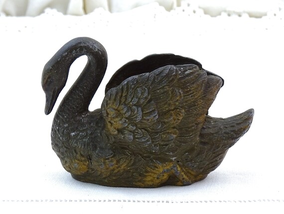 Antique French Swan Shaped Novelty Metal Inkwell, Vintage Bird Office Desk Ornament from France, Victorian Style Writting Accessory