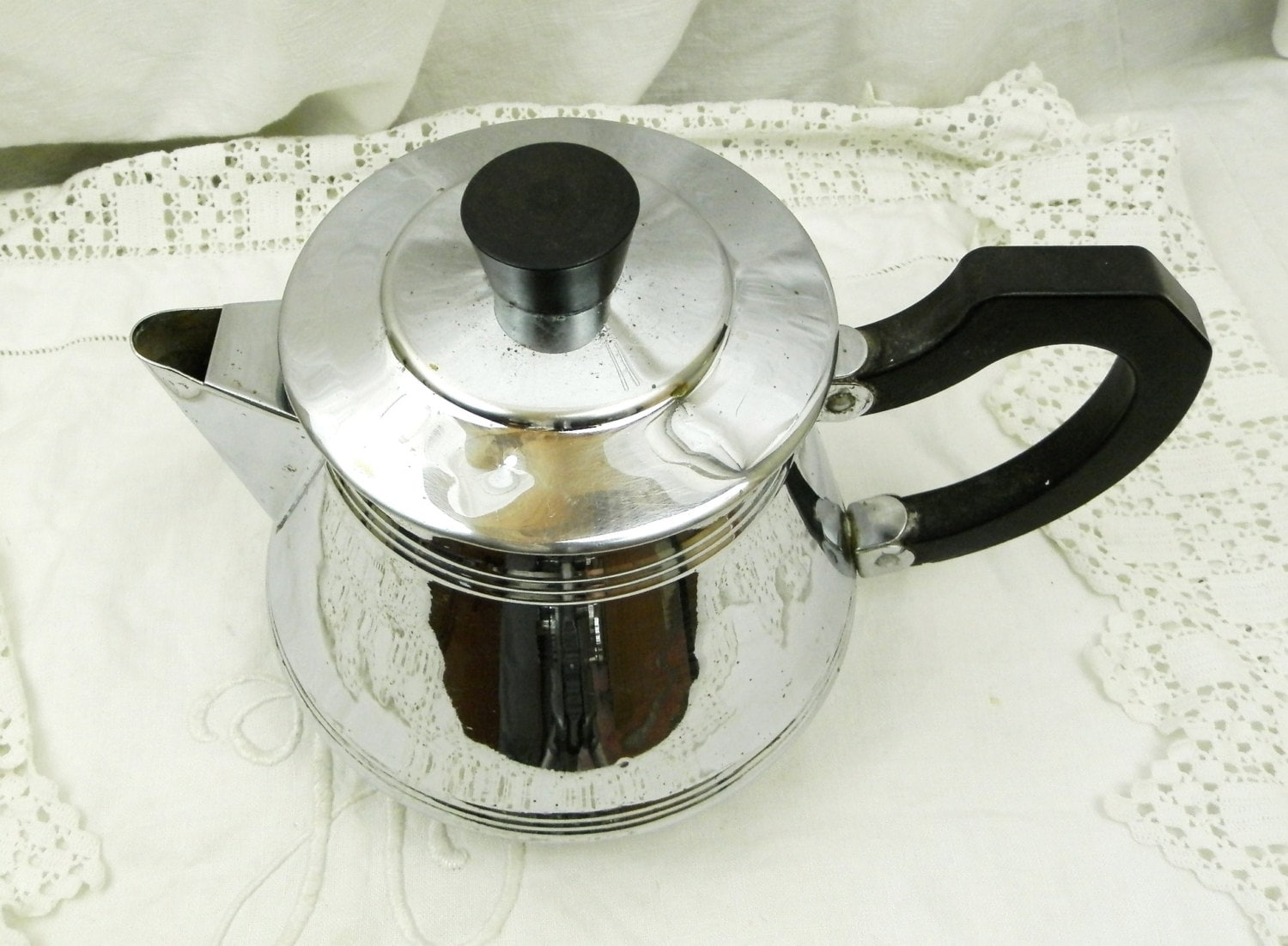 Vintage French Art Deco Chrome Plated Copper Cafetière / Coffee Pot