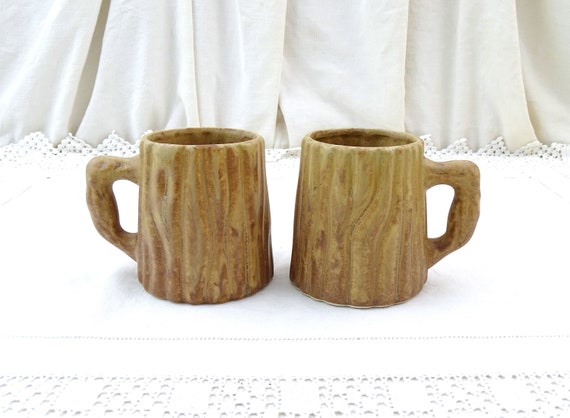 2 Vintage 1970s Antique French Tree Trunk Shaped Pottery Coffee Mugs, Pair of Wood Branch Style Cups, Retro Forest Bark Themed Tea Drinking