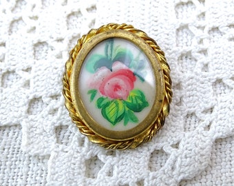 Vintage French Oval Scarf Clip Brooch with Hand Painted Pink Rose and Gold Tone Metal, Retro Clip On Curio Jewelry from France