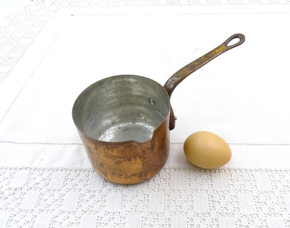 Small Vintage French Tin Lined Copper Cooking Pan Stamped made in France with Cast Iron Handle, Kitchen Decor France, Chefs Cooking Gift