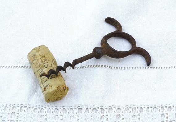 Antique French Cast Iron 3 Finger Cork Screw, Vintage Wine Bottle Opener from France, Old Style Drinking Barware Accessory