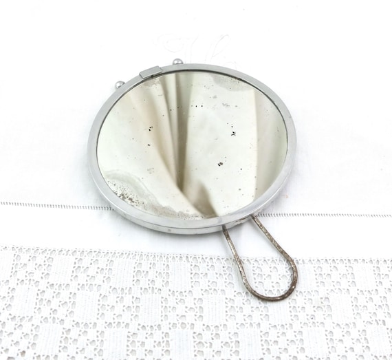 Vintage French Round 30s Distressed Vanity / Barber Hand Mirror or Hanging, Handheld Wall Hanging Bathroom Shaving France, Men Grooming