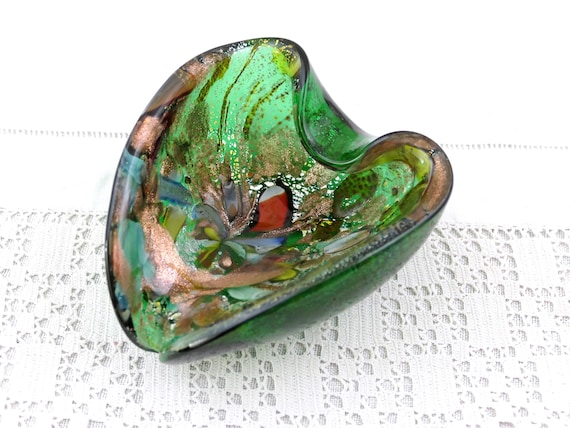 Vintage Mid Century Art Glass Ashtray Green Glass Bowl with Gold Silver and Gold Inclusions, Abstract Colorful 1960s Decorative Dish Ashtray