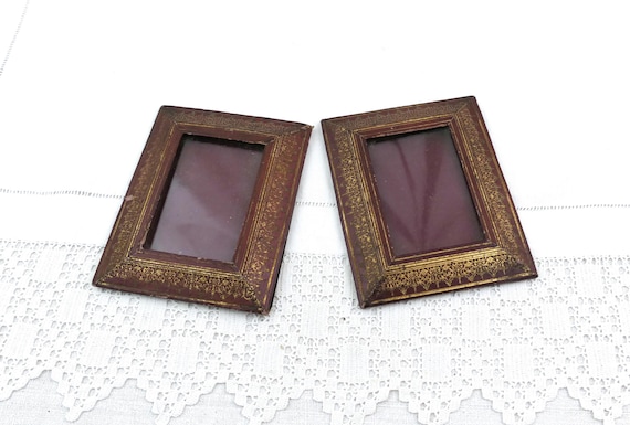 Pair of Matching Antique French Moroccan Leather Portrait Frames with Gold Pattern, Retro Shabby Chateau Chic Picture Frame Gilded Design
