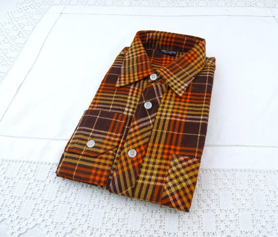 Vintage French 1970s New Old Stock Unused Cotton Flannel Orange and Brown Checkered Man's Shirt, Mid Century Men Dead Stock Clothing