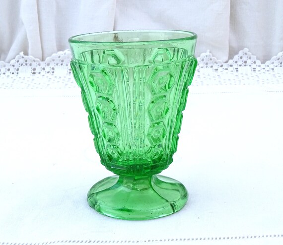 Vintage French Pressed Green Depression Glass Footed Vase, Retro Carnival Glassware Ice Cream Sundae Bowl from France, Brocante Boho Decor