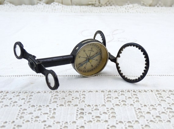 Antique French Compass, Mirror and Opera Glasses All in One with Black Metal Frame La Parisienne, Vintage Victorian Gadget from France